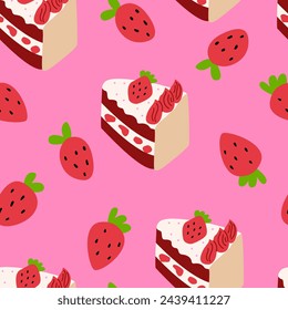 Seamless pattern with strawberries and piece of cake. Vector flat background