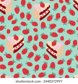 Seamless pattern with strawberries and piece of cake. Vector flat background