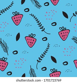 
Seamless pattern with strawberries, plants and decorative elements.