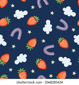 Seamless pattern with strawberries, rainbows, clouds and stars on a dark blue background