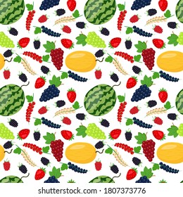 Patrón sin foco con fresas, frambuesas, moras, grosellas, sandías, melón, melón, uvas sobre un fondo blanco. Impresión de cerezo para ropa de cama y tejidos, papel de envoltura y papel pintado.
