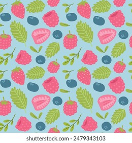 
Patrón sin costuras con fresas, frambuesas, arándanos y hojas verdes sobre un fondo azul claro.