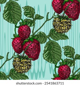 Seamless Pattern with strawberries and raspberries. Color sketch style hand drawn background. Detailed illustration, hand drawn. Great for fabric and textile, prints, invitation, packaging