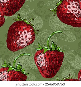 Nahtloses Muster mit Erdbeeren und Himbeeren. Farbskizze Stil handgezeichneter Hintergrund. Detaillierte Abbildung, handgezeichnet. Ideal für Stoff und Textilien, Prints, Einladungen, Verpackungen