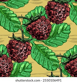 Seamless Pattern with strawberries and raspberries. Color sketch style hand drawn background. Detailed illustration, hand drawn. Great for fabric and textile, prints, invitation, packaging