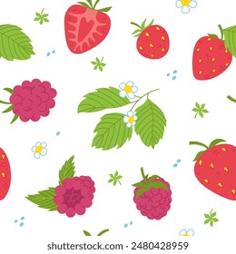 Seamless pattern with strawberries, raspberries, flowers and leaves. Berries. Freehand vector illustration