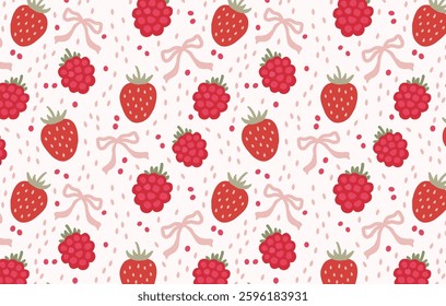 
Seamless pattern with strawberries and raspberries. Vector background with ripe berries and bows. Color print with red berries and pink bows on a light pink background. Background with fruits