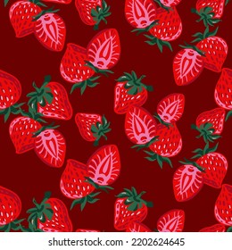 Seamless pattern with strawberries, red background, burgundy. Vector