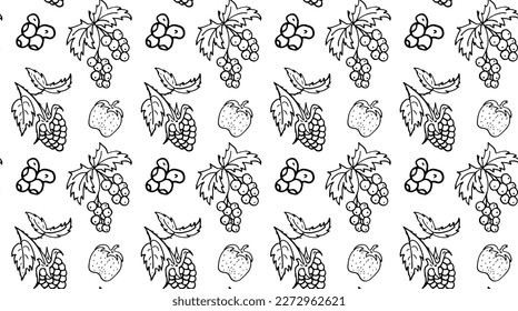 Fresas sin foco, grosellas rojas, arándanos, frambuesas. Vector de doodle en blanco y negro. Patrón de fondo, tarjeta, afiche, calas, scrapbooking, textil, envoltura, banners, cuaderno.