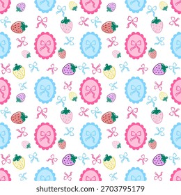 Patrón sin fisuras de fresas y cintas en marco sobre fondo blanco. Linda Ilustración vectorial dibujada a mano de dibujos animados. Para la impresión textil, prendas de vestir, Fondo de pantalla y papel de embalaje.