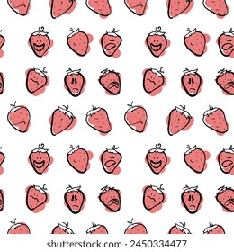 A seamless pattern of strawberries in shades of red, pink, magenta and peach on a white background. The design features natural materials and a carmine font, perfect for dishes or textiles