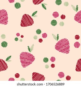 Las formas de fresas sin soldadura y los puntos de confeti repiten una textura de fondo interminable para textiles, papel de envolver, papel tapiz, ropa, alfombras, cortinas, estampados de tela