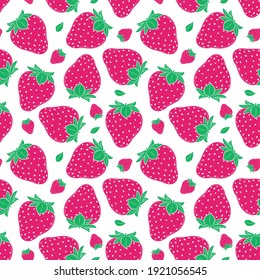 Seamless pattern with strawberries. Simple color summer pattern with berries. Flat elements are isolated. Transparent background. For design of kitchen accessories, clothing, and food packaging.
