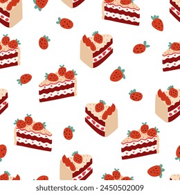 Seamless pattern with strawberries and slices of cakes. Vector flat background