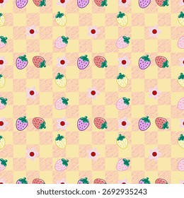 seamless pattern of strawberries and small flowers on pink gingham background