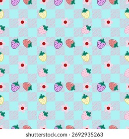 padrão sem costura de morangos e flores pequenas no fundo de gingham rosa