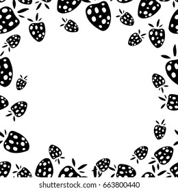 Seamless pattern with strawberries and space for text, frame. Black and white
