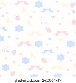 Seamless pattern of strawberries, stars and flowers on white background.