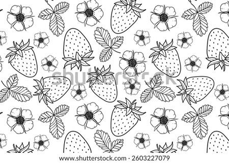 Seamless pattern with strawberries. Strawberry, flower and leaf on a white background. Linear black and white illustration drawn by hand. Vector background for printing on surfaces, paper, fabric.