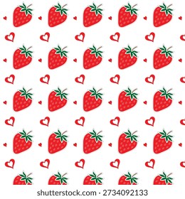Seamless pattern with strawberries and tiny hearts on white
