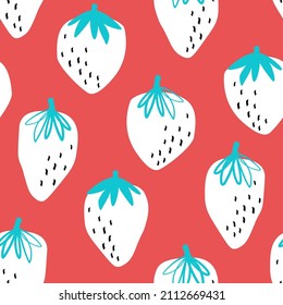 Seamless pattern with strawberries. Trendy berries with seeds dots are repeated on a red background. Abstract fruit print. Vector graphics.