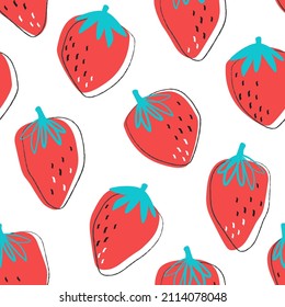 Patrón sin foco con fresas. Las bayas rojas de moda con puntos de semillas se repiten en un fondo blanco. Resumen de la fruta impresa. Gráficos vectoriales.