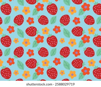 Seamless Pattern with Strawberries. Vector background with strawberries and flowers. Bright print for printing on fabric, paper and wallpaper. Trendy summer pattern.