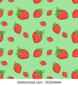 Seamless pattern with strawberries. Vector. Green background