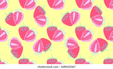 Seamless pattern of Strawberries virtual background for online conferences, online transmissions. Whole and sliced pink Strawberry berry on yellow background for patterns. Abstract vector illustration