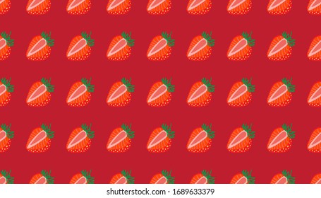 Seamless pattern of Strawberries virtual background for online conferences, online transmissions. Whole and sliced Strawberry berry on red background for patterns. Abstract vector design illustration