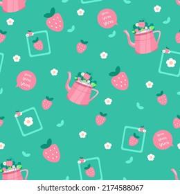 Seamless pattern with strawberries and watering can in bright colors. Cartoon style for fabric, background.