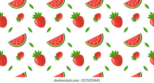 Seamless pattern with strawberries and watermelon slices. Vector graphics. For fabric design, background, packaging