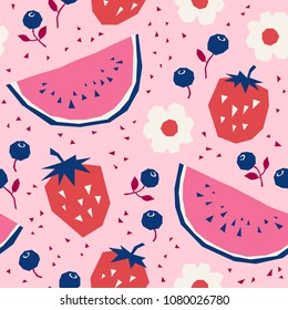 seamless pattern with strawberries, watermelons, blueberries and flowers