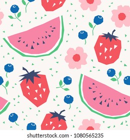 seamless pattern with strawberries, watermelons, blueberries and flowers