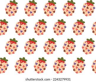Seamless pattern of strawberries in white chocolate. Festive cute background for valentine's day.