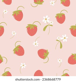 seamless pattern of strawberries  and white flowers on pastel pink background , vector, illustration