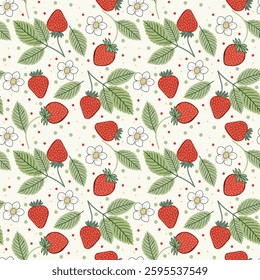 Seamless pattern with strawberries, white flowers and green leaves for fashion printing, decorating all fashion designs, fabrics, wallpapers and prints. 
