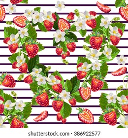 seamless pattern of strawberries and white flowers