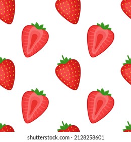 Seamless pattern with strawberries, whole berries and halves, vector illustration