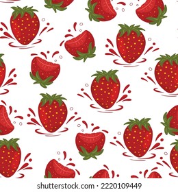 Seamless pattern of strawberries, whole and half berries and splashes white background. Beautiful print for textiles, wallpaper, packaging cartoon style.