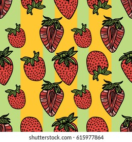 Seamless pattern with strawberries and yellow stripes on green background. Vector illustration.