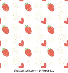 Seamless pattern with strawberry amd heart on a white background. Vector illustration.