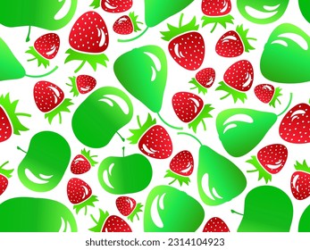 Seamless pattern with strawberry, apple and pear in 3d style. Fruits with light reflection, green apple and pear and red strawberry. Design for print, fabrics and posters. Vector illustration