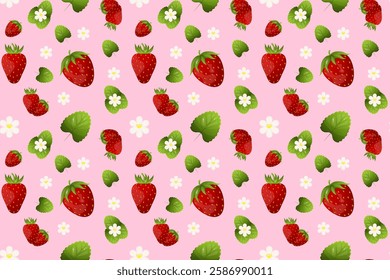 Seamless pattern with strawberry. Background with summer wild red berry, green leaves and white flowers. Isolated cartoon vector illustration on pink background for textile, packaging, wallpaper.