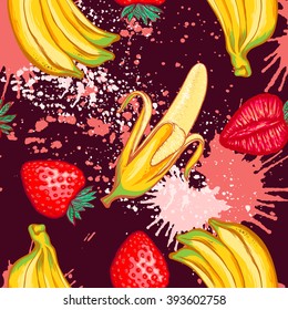 Seamless pattern with strawberry, banana and colorful splashes of fruit juice.