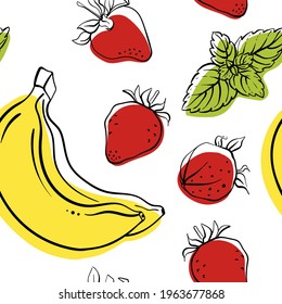 Seamless pattern with strawberry, banana and mint in sketchy style isolated on white background. Doodle hand drawn vector illustration