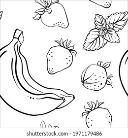 Seamless pattern with strawberry, banana and mint in black line sketchy style isolated on white background. Doodle hand drawn vector illustration