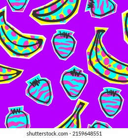 Patrón sin foco con fresa y plátano. Textil moderno, tarjeta de saludo, afiche, diseños de papel envolvente. Ilustración dibujada a mano.