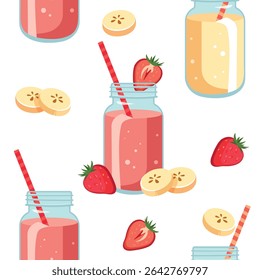 Seamless pattern with strawberry and banana smoothies in mason jars – cute fruity summer drink vector for kids fabric, party decor, seasonal packaging, holiday designs, textile prints,and food project