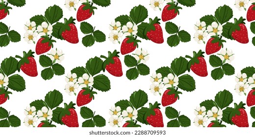 Nahtloses Muster mit Erdbeeren und Blumen, grünen Blättern. Vektorgrafik. Handzeichnung. Geeignet für Tapete, Webseitenhintergrund, Oberflächenstruktur, Textilien.